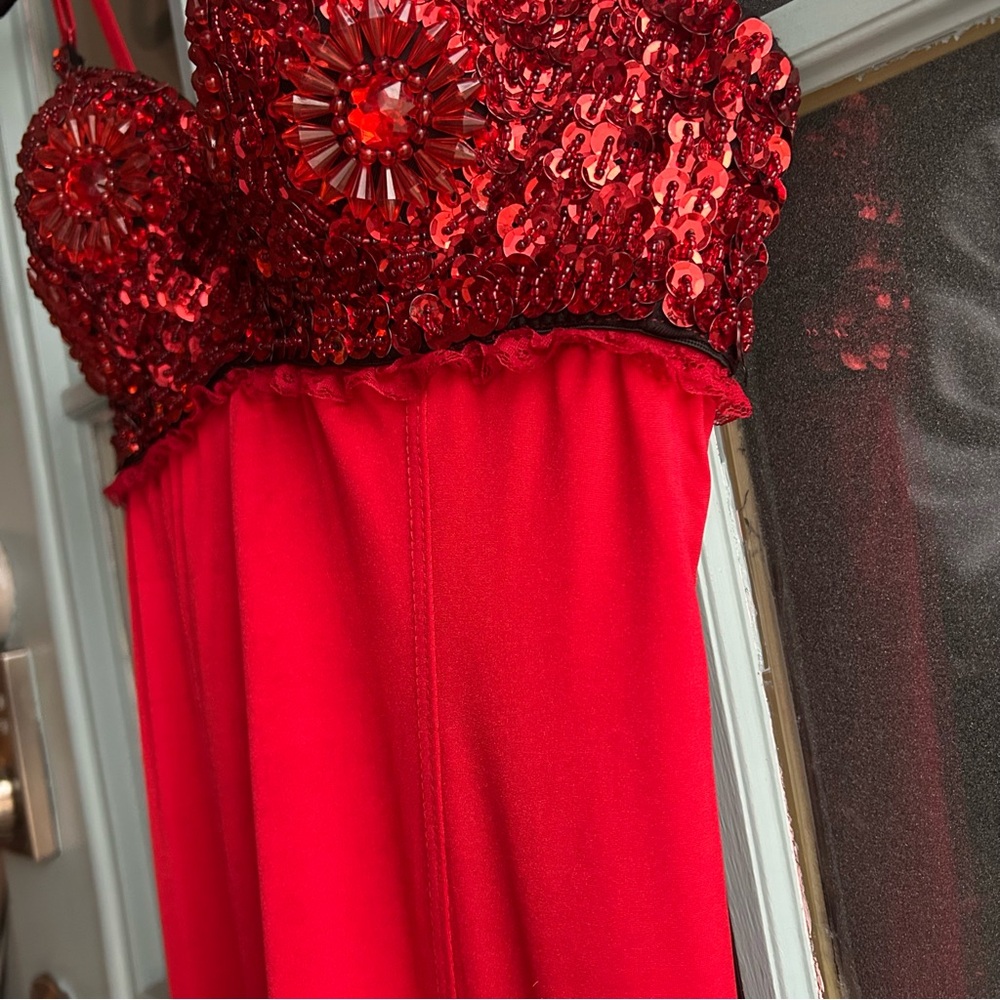Vintage Beaded Bust Sequin Silky Satin Red Showgirl Lingerie Night Gown Shelly S - Picture 11 of 13